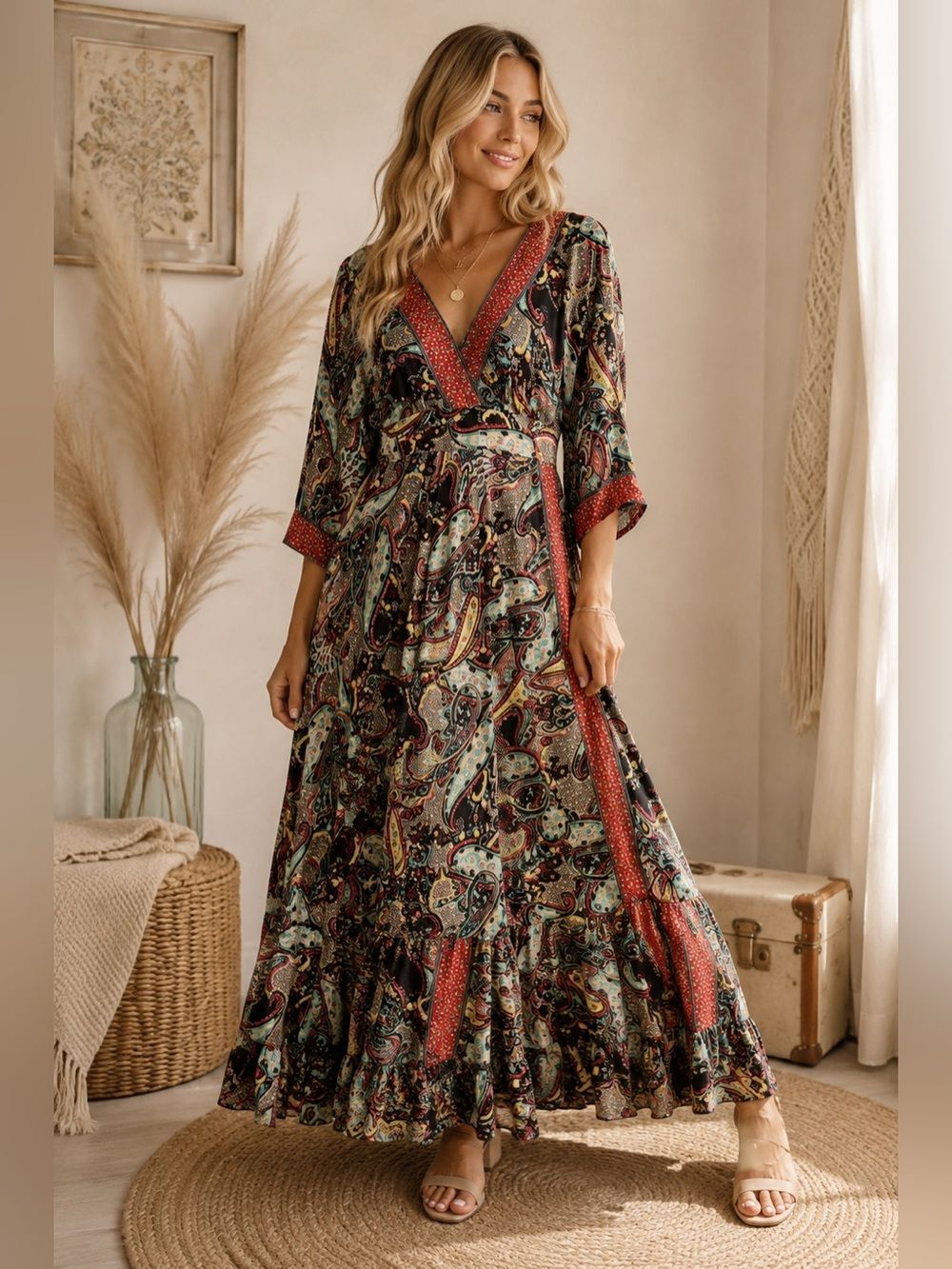 Bohemian Paisley Maxi Dress with Red Trim Boho Festival Aesthetic